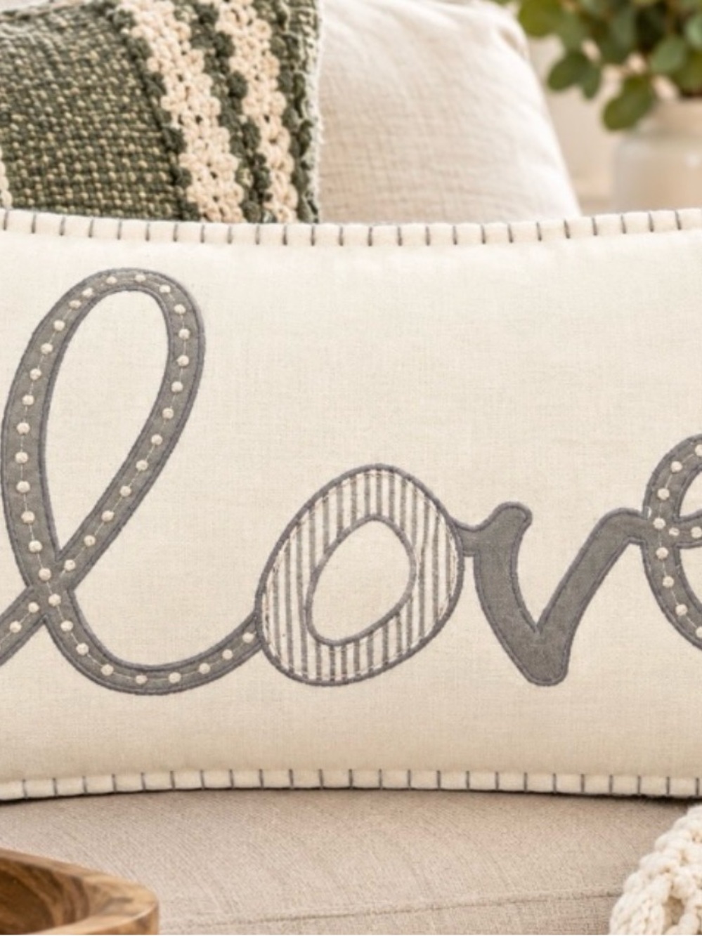 Embroidered 'Love' Lumbar Pillow Cover in Gray on Off White- Home Accents